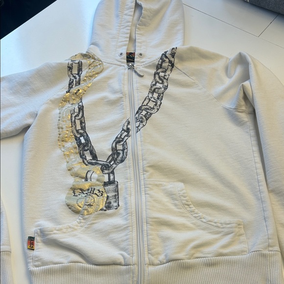 L.A.M.B. Tops - White Zip Hoodie with Black Chain Print & Gold Accent